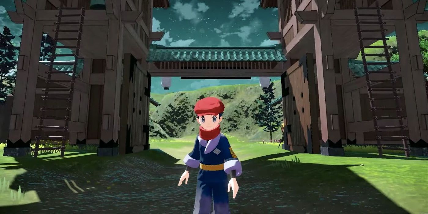 Ancient Lucas standing in a village in Pokémon Legends: Arceus