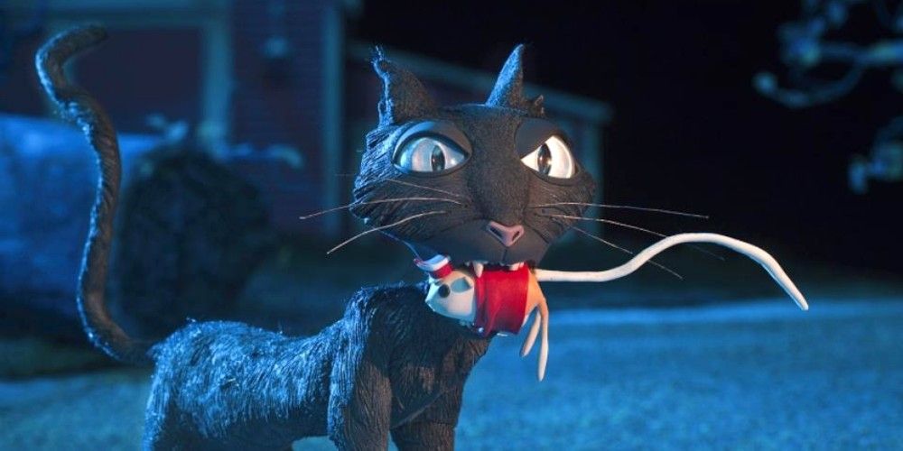 Cat in Coraline with mouse in his mouth.