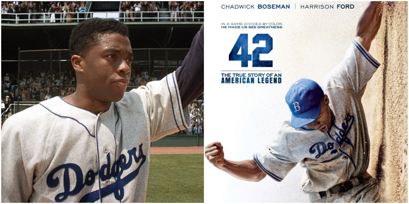 Chadwick Boseman as Jackie Robinson in 42 - movie poster and pic with Jackie on the diamond