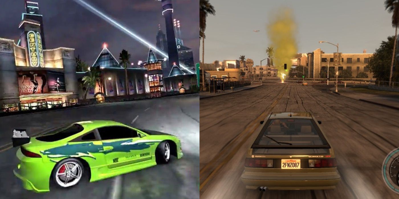 Split image of cars racing in Need for Speed and Midnight Club