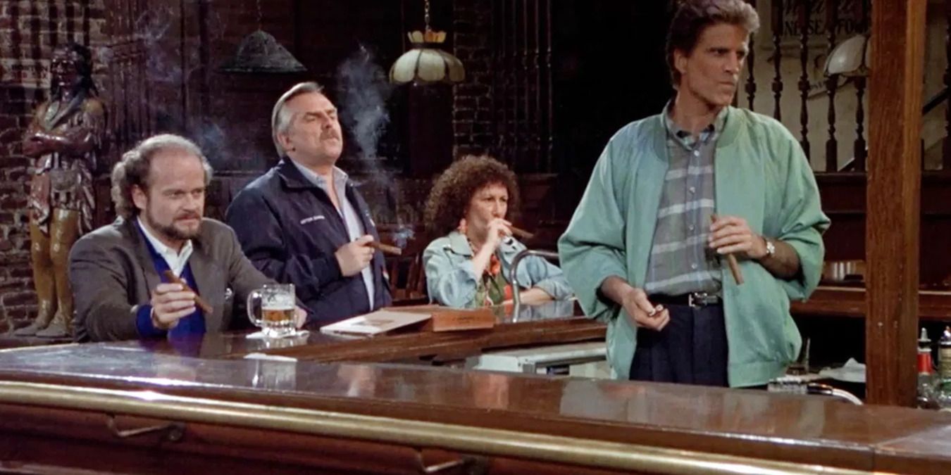 Scene from Cheers with the group sitting at the bar smoking, with Sam bartending
