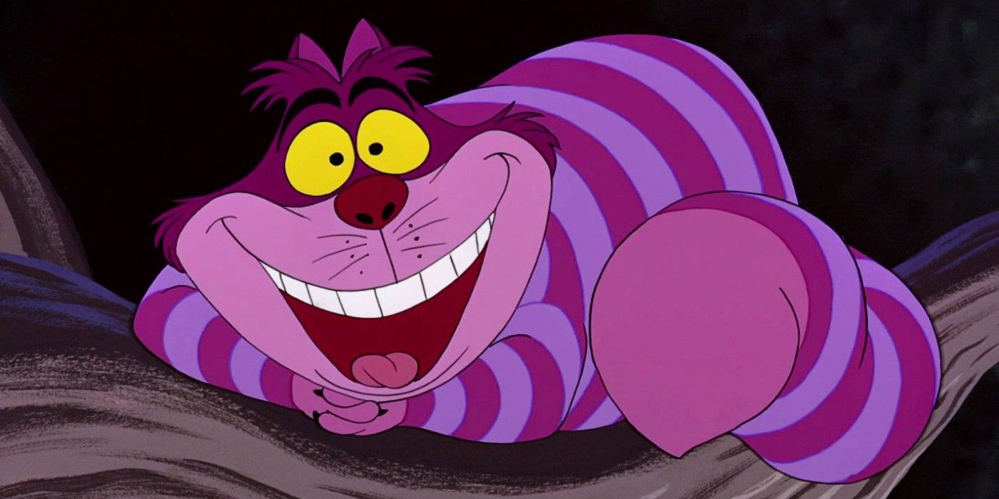 Cheshire Cat from Alice in Wonderland with big smile sitting on branch.