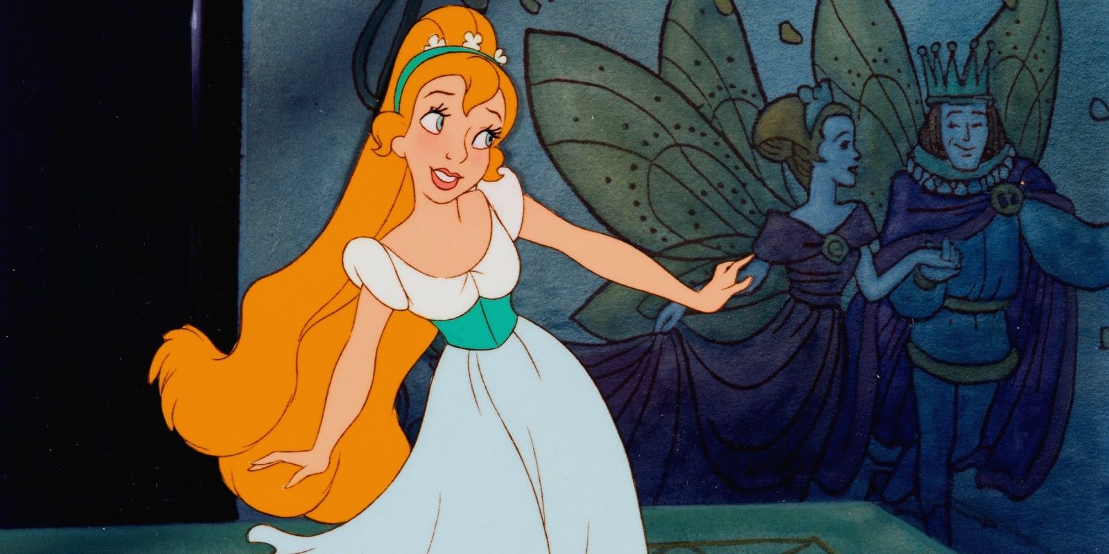 Thumbelina in a white dress with arms out.