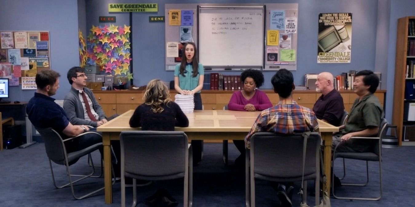 Scene from Community with the study group sitting at the table.