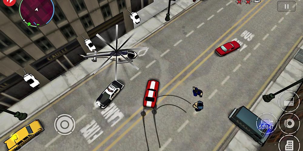 Top down image of a sports car being chased by police in GTA Chinatown