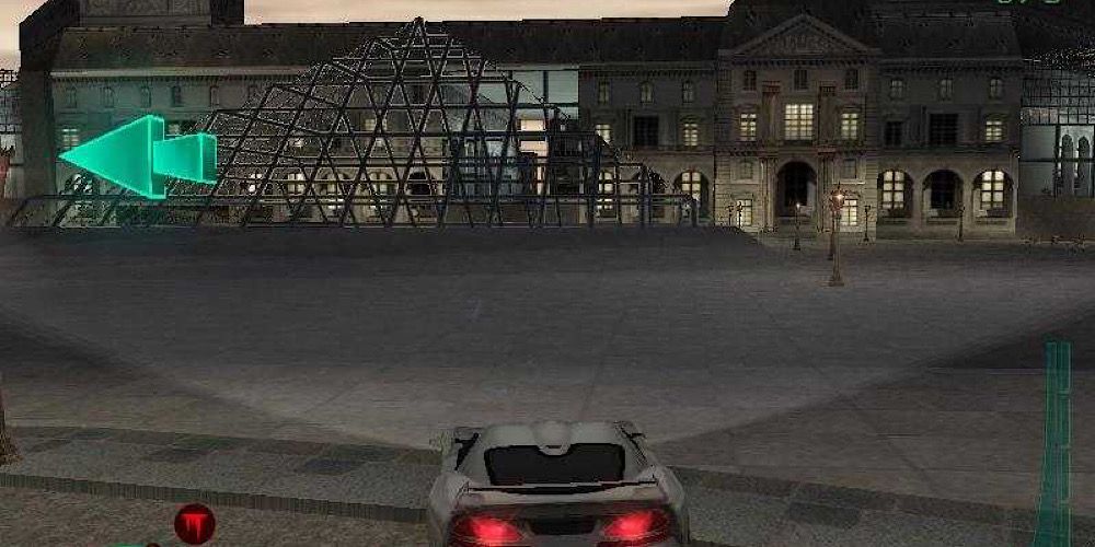 A car approaches the Louvre pyramid in Midnight Club 2