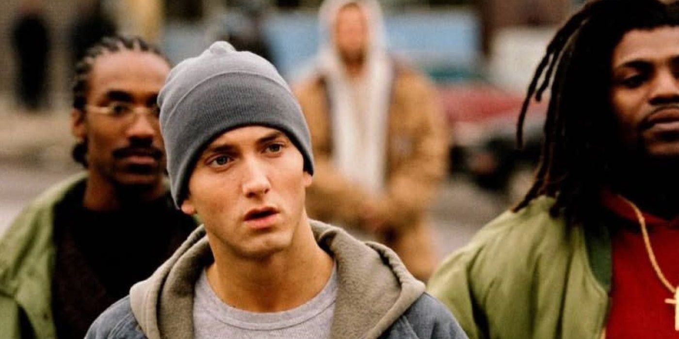 Eminem in 8 Mike with hat and jacket on walking outside