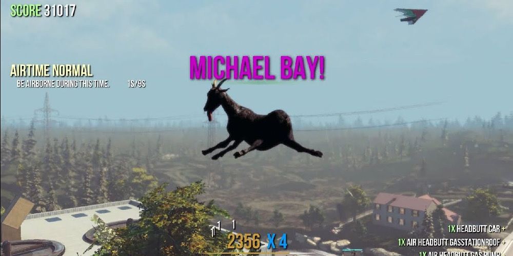 The goat is flung through the sky over the entire map in Goat Simulator