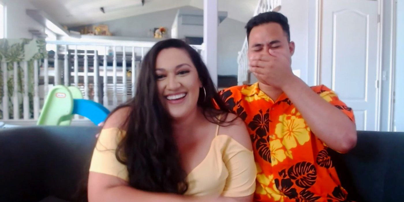 90 Day Fiance Love Games Asuelo and Kalani sitting on couch at home laughing