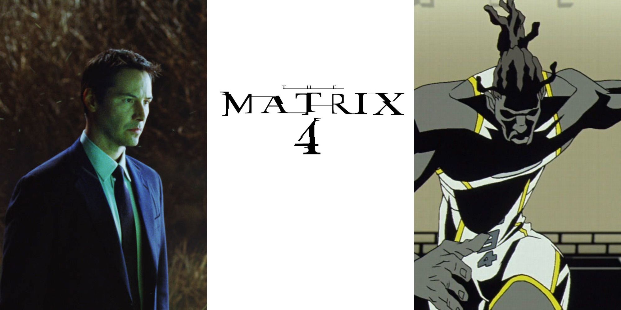 A collage of Keanu Reeves as Klaatu in a field in The Day the Earth Stood Still, the poster for The Matrix 4, and The Runner from The Animatrix