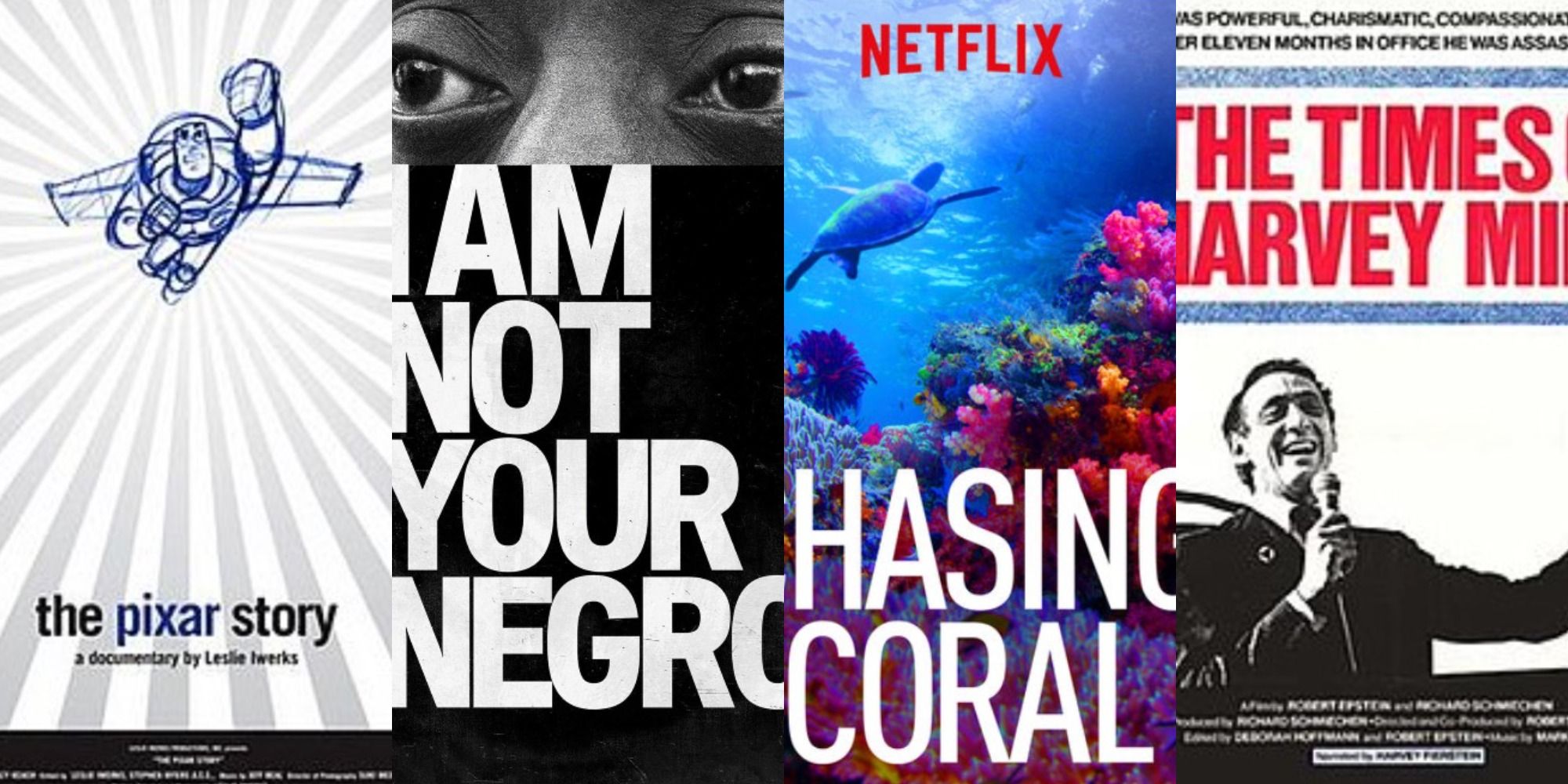 A collage of the posters for The Pixar Story, I Am Not Your Negro, Chasing Coral and The Times of Harvey Milk
