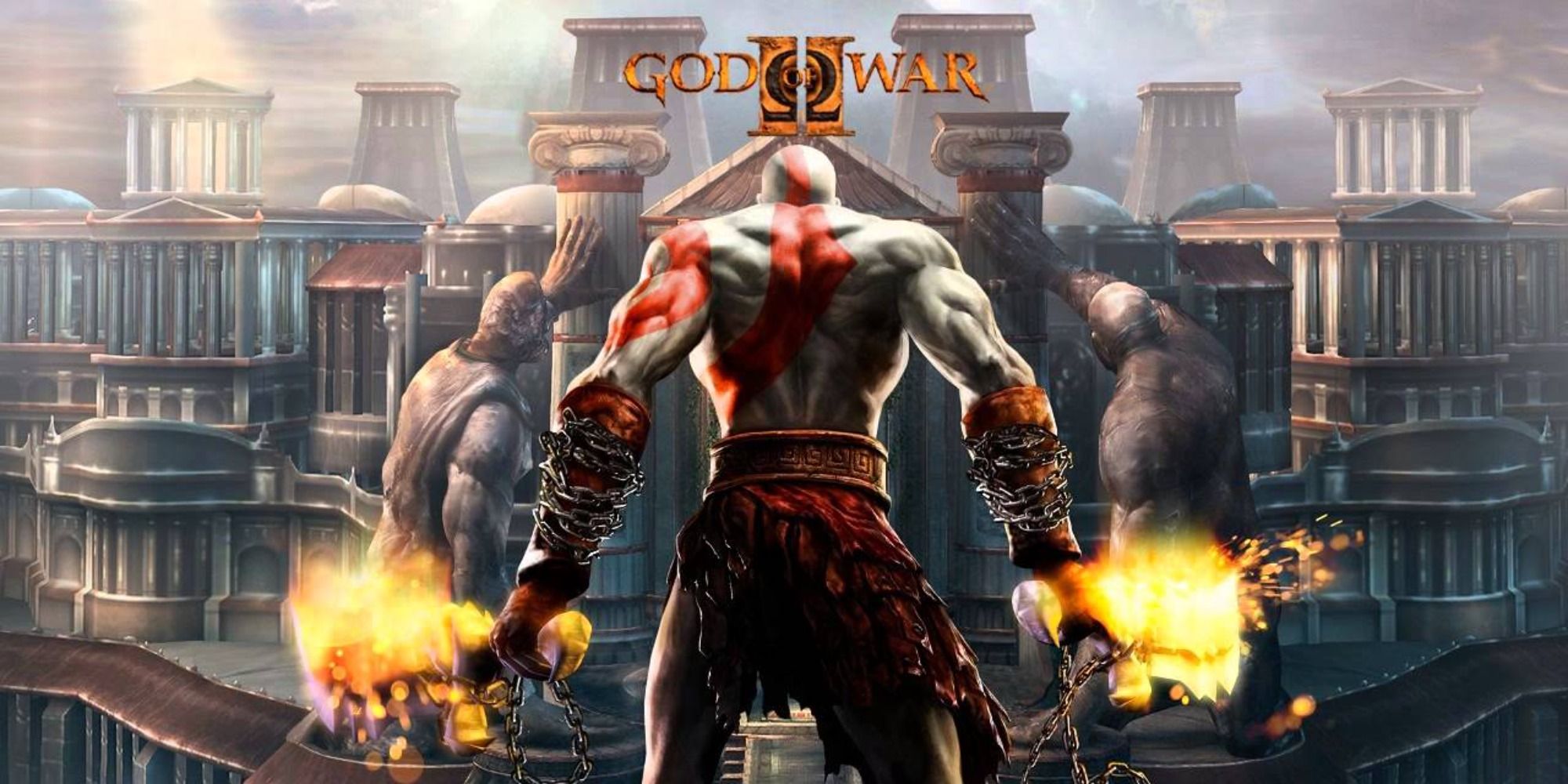 An image of Kratos on the God of War II game front cover. He is seen looking towards the city.