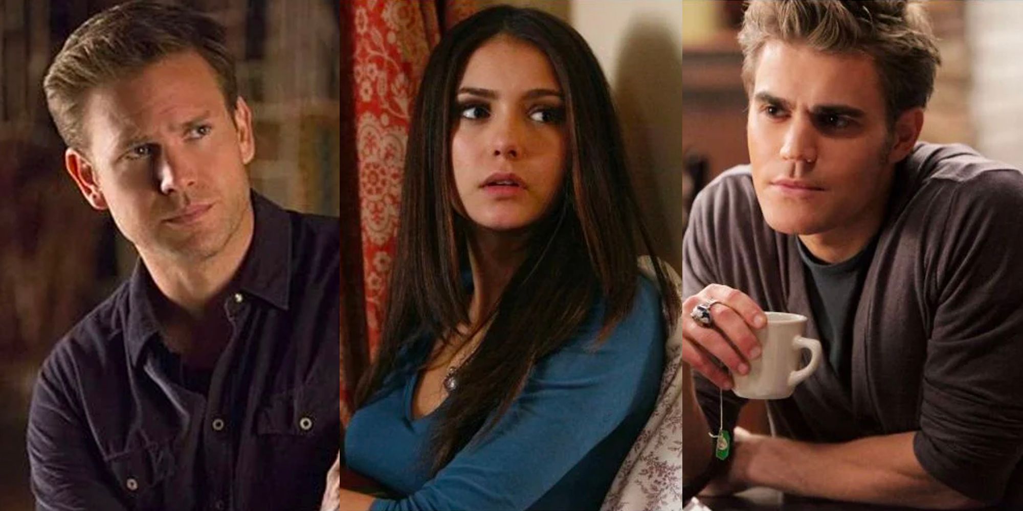 A split image of Alaric looking serious, Elena looking surprised and Stefan having a drink in The Vampire Diaries