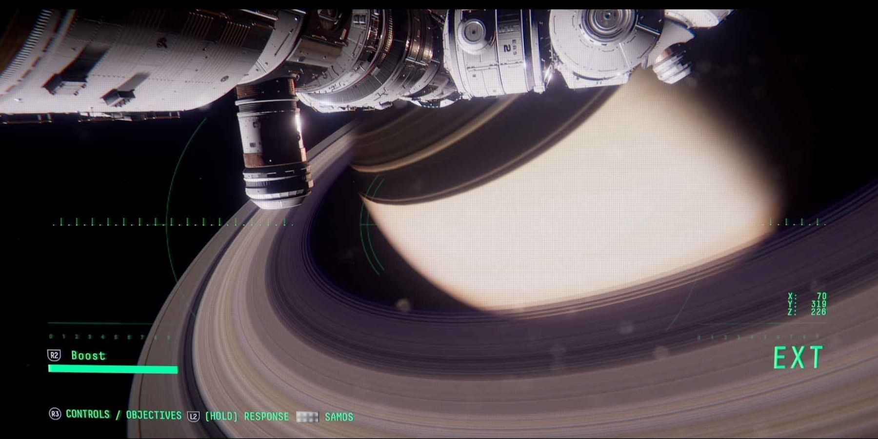 A still from Observation (PS4) featiring the rings of the planet Saturn