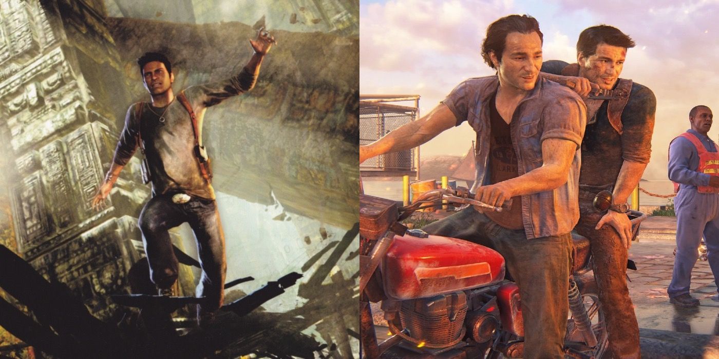 Split image of two screenshots of Uncharted gameplay