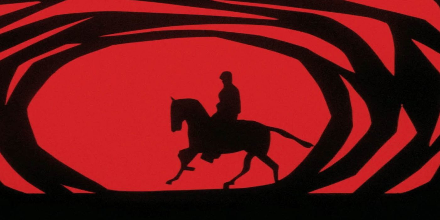 A Fistful of Dollar's red, black and white animated intro shows a silhouetted man on horseback