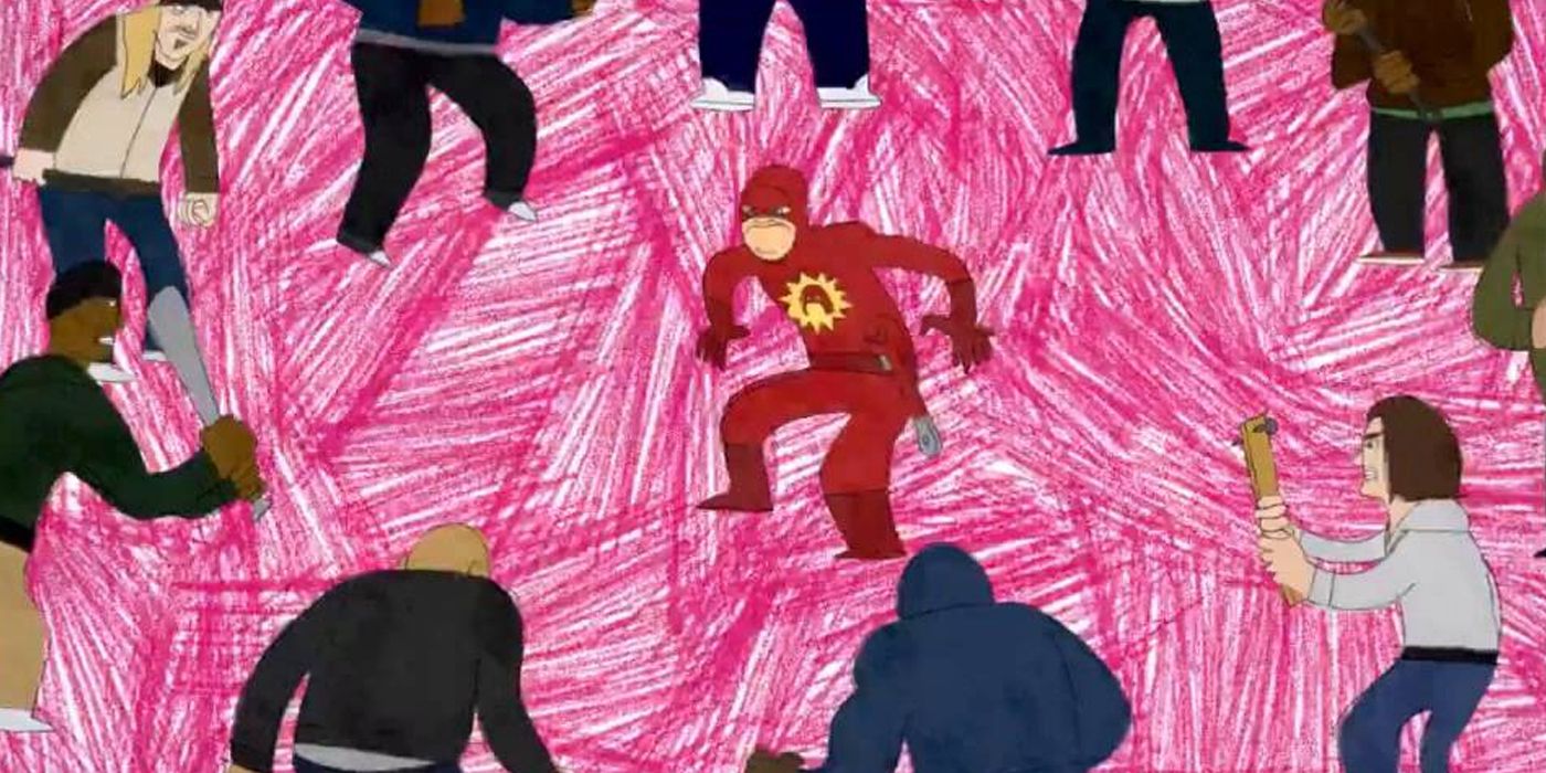 Super's animated intro where a crude, hand-drawn Crimson Bolt is surrounded by his enemies