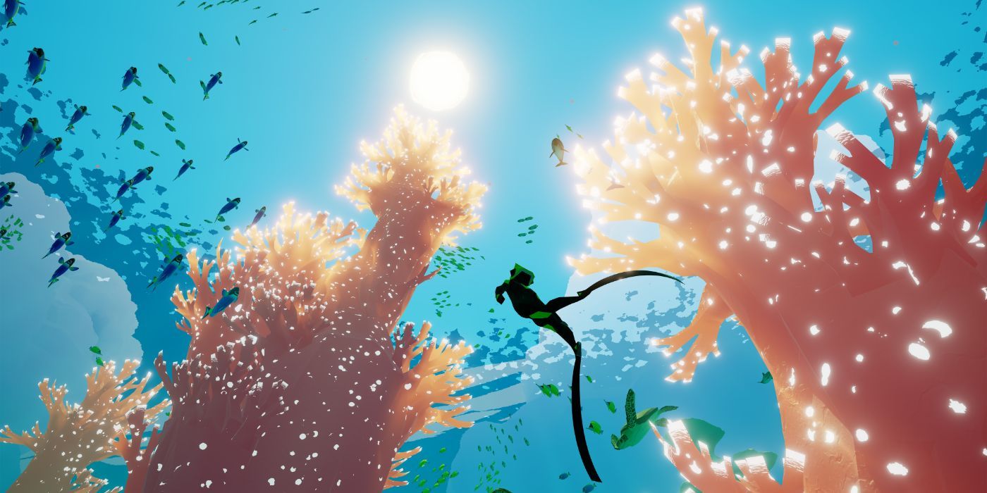 Scene from Abzu game swimming underwater