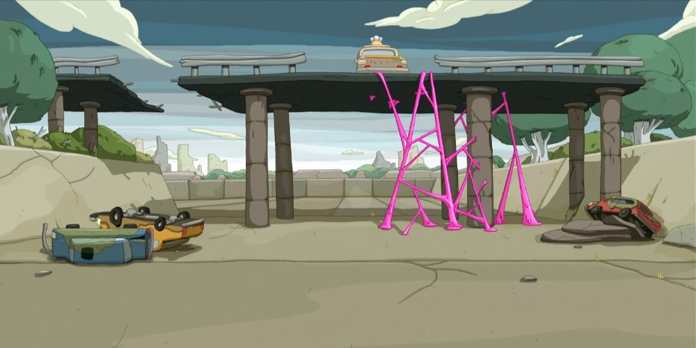 Abandoned cars and broken bridge in the Land of Ooo
