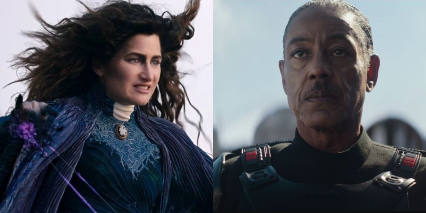 Split image of Agatha Harkness as a witch in episode 8 of WandaVision and Moff Gideon in The Mandalorian season 1 finale