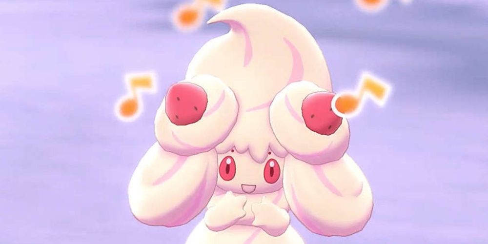 An Alcremie displays joy in a player's camp in Pokémon