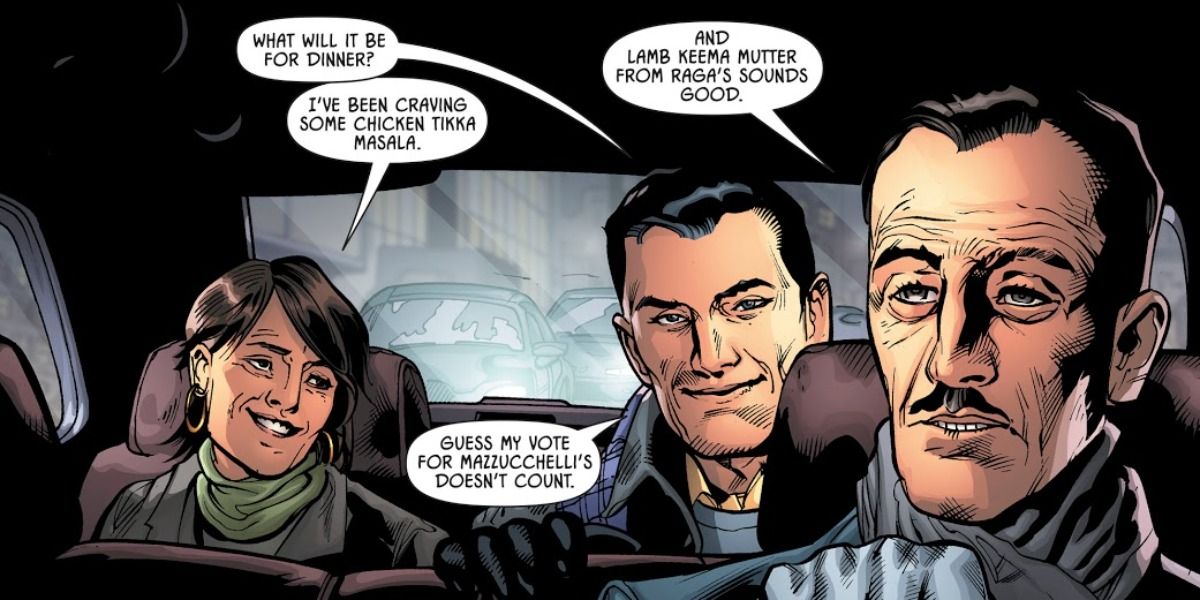 Alfred Pennyworth and Leslie Thompkins make dinner plans, completely ignoring Bruce Wayne.