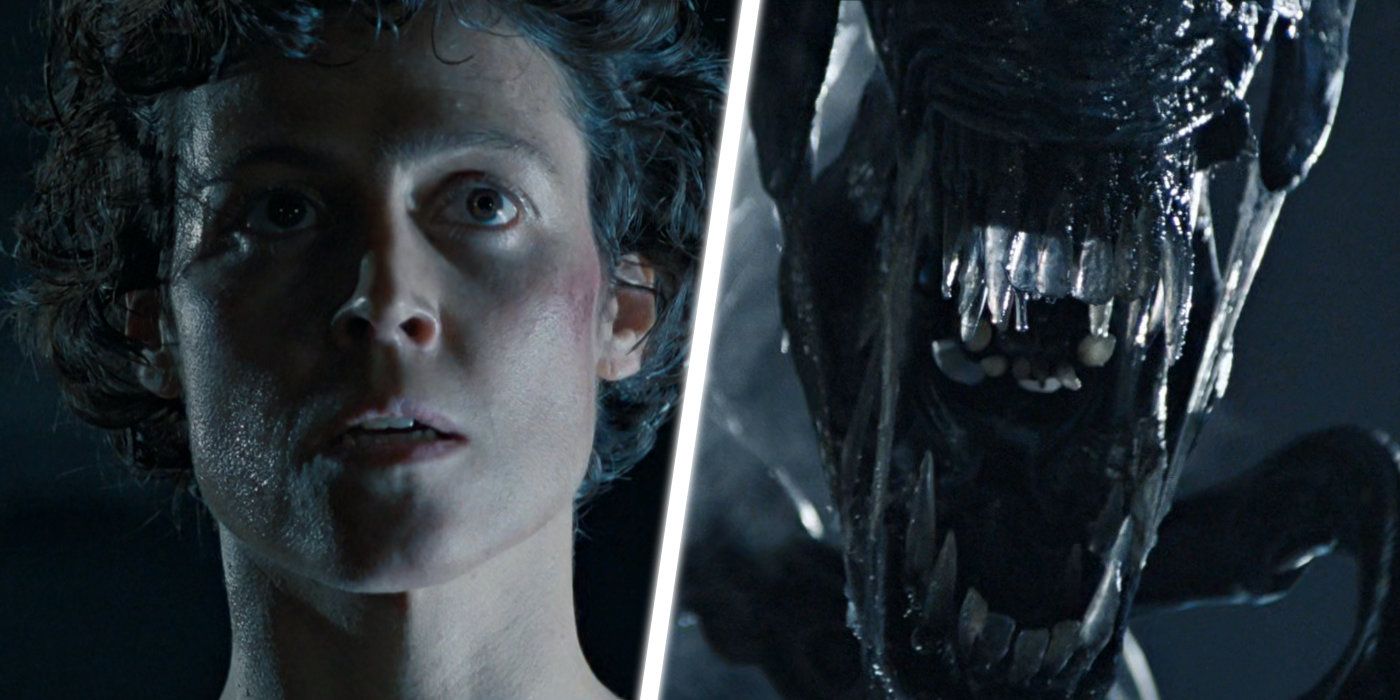 Split image of a scared Ripley facing off against the Queen alien