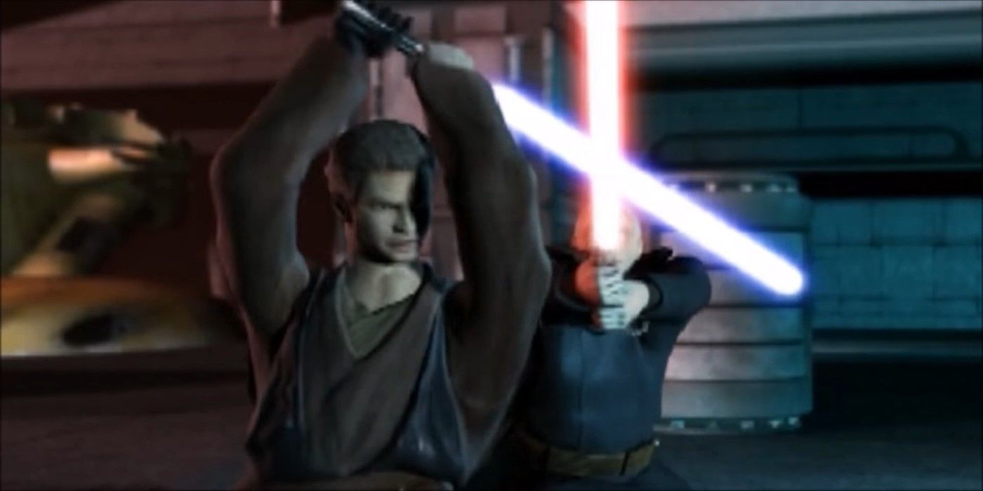 Anakin fighting Dooku in 2002's The Clone Wars video game