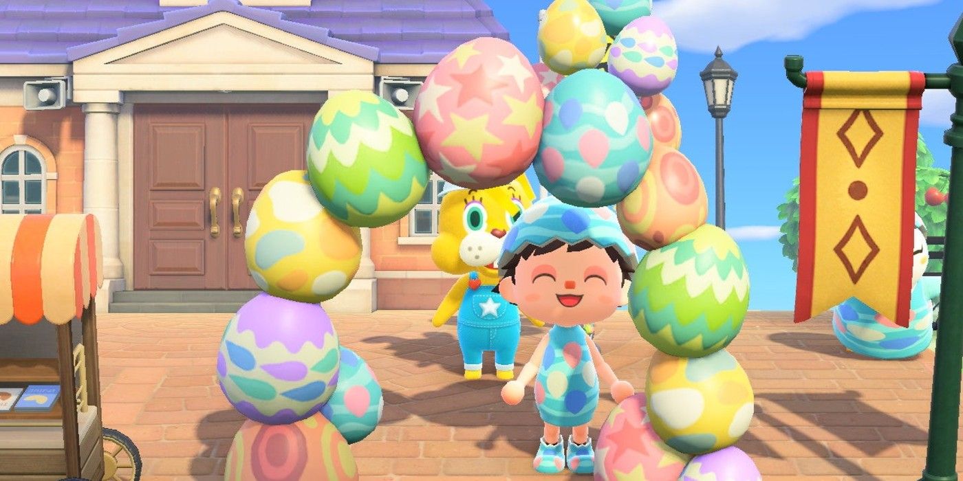 Игрок стоит под аркой Дня кролика, сделанной из яиц с молнией в Animal Crossing: New Horizons