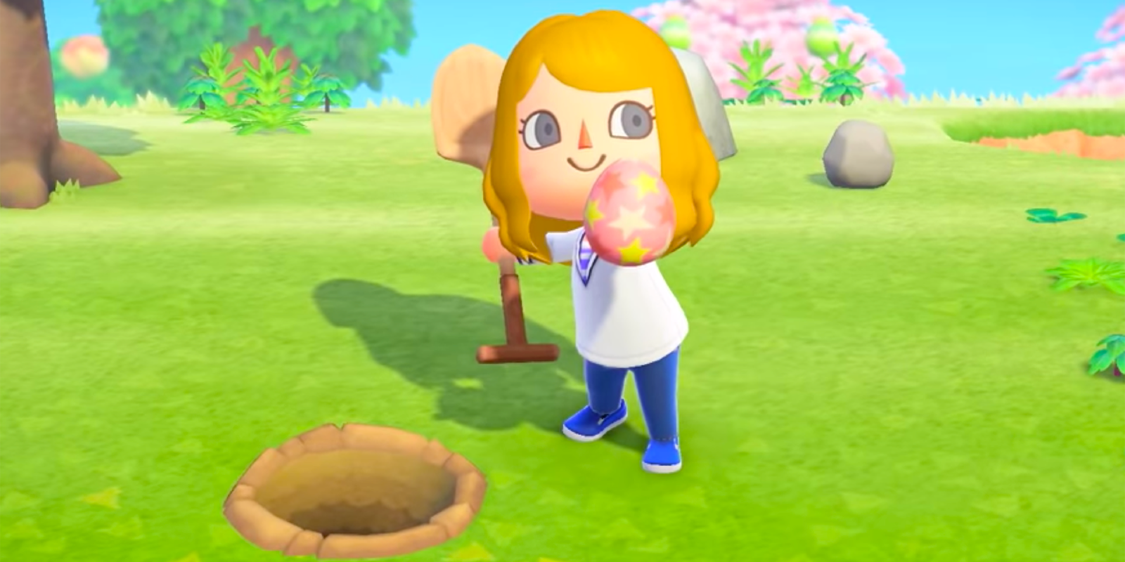 A player digs up an Earth Egg in Animal Crossing: New Horizons