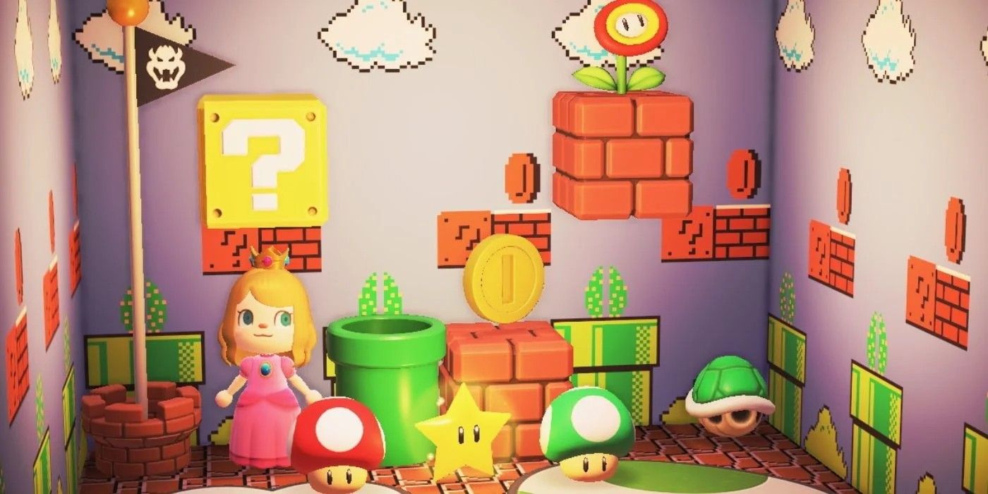 A player dressed as Princess Peach makes a secret indoor Mario-themed room only accessible by a Warp Pipe in Aniimal Crossing: New Horizons