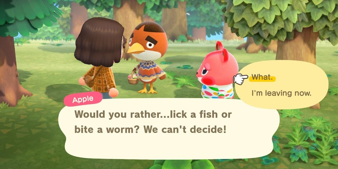 A 'would you rather' conversation in Animal Crossing: New Horizons.