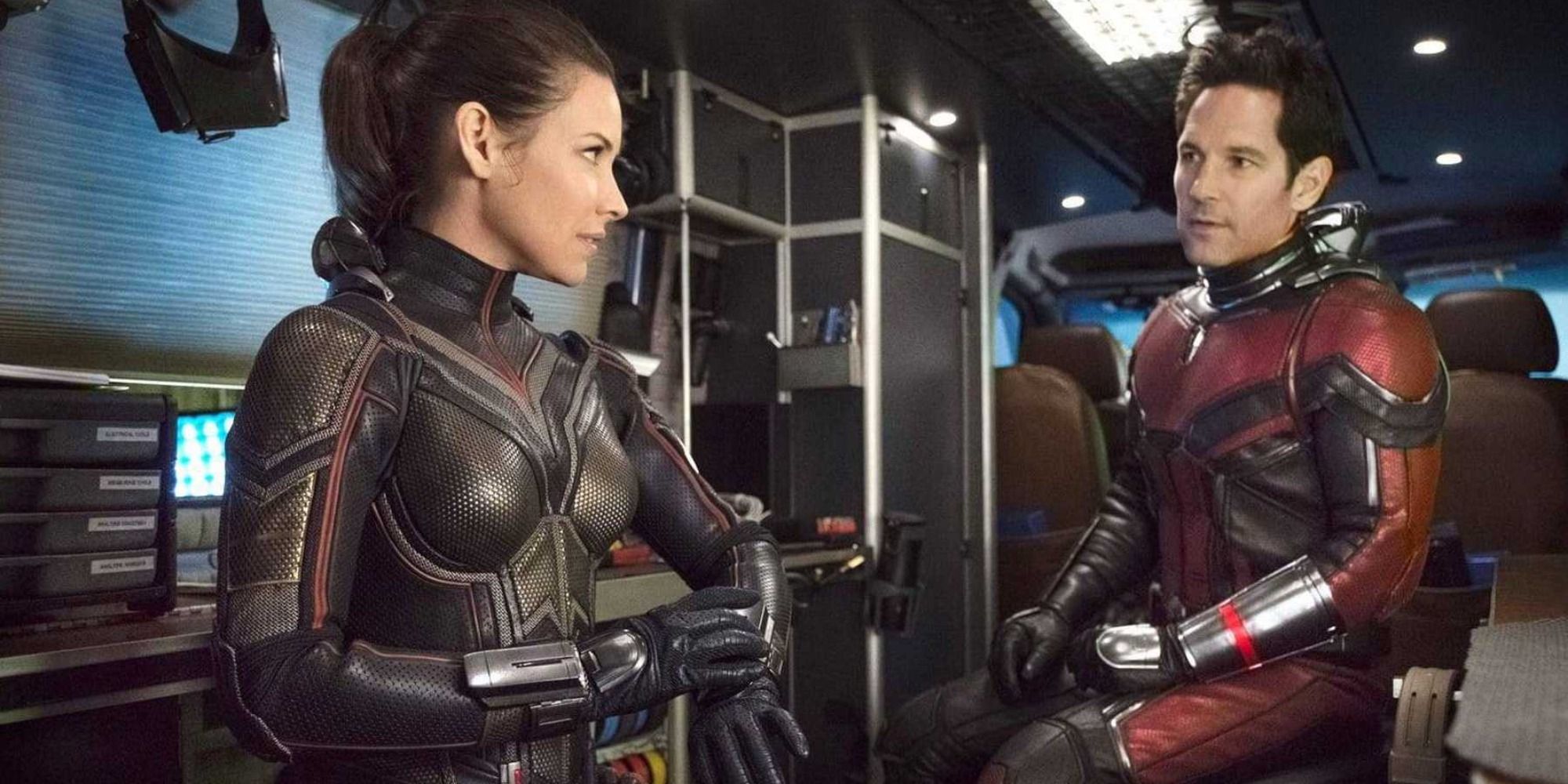 Fully-suited Ant-Man and The Wasp talking in the 2018 movie