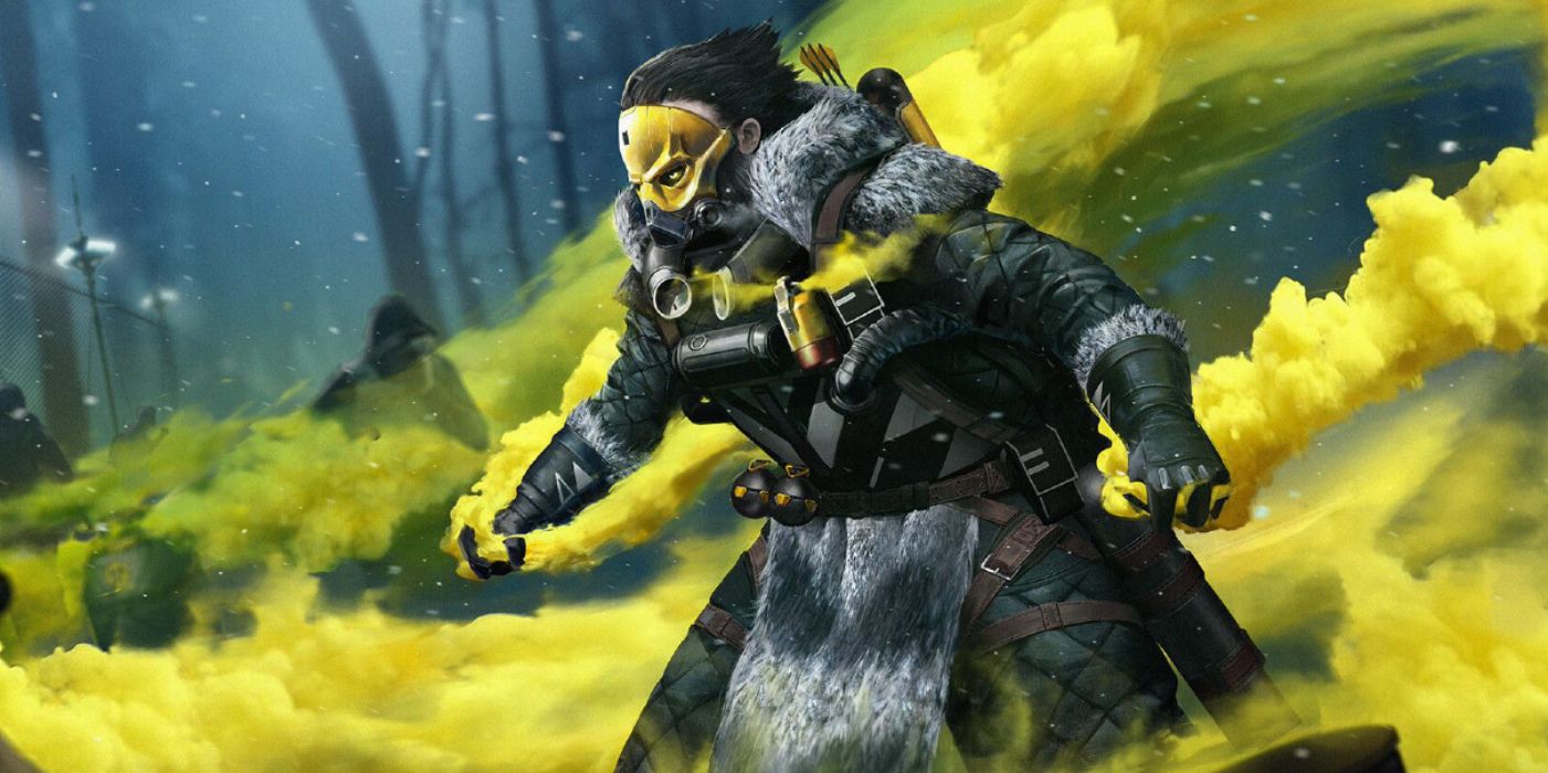 Caustic surrounded by yellow smoke in Apex Legends 