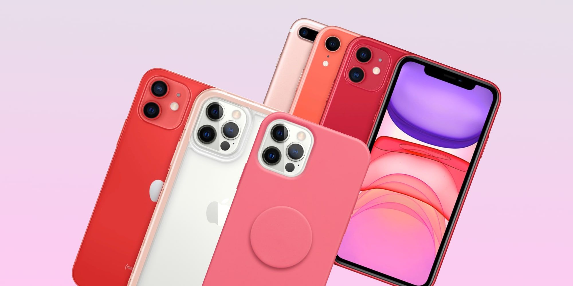 iPhones da Apple em ouro rosa, coral, vermelho e com capas rosa