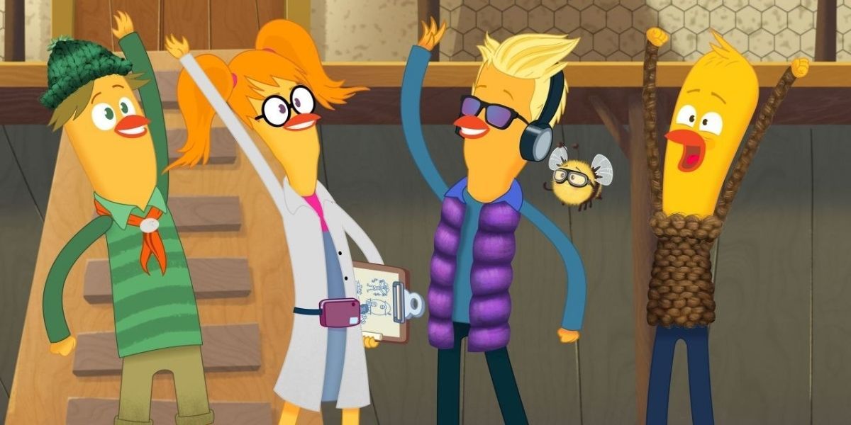 Archibald high-fives with his family in Archibald's Next Big Thing