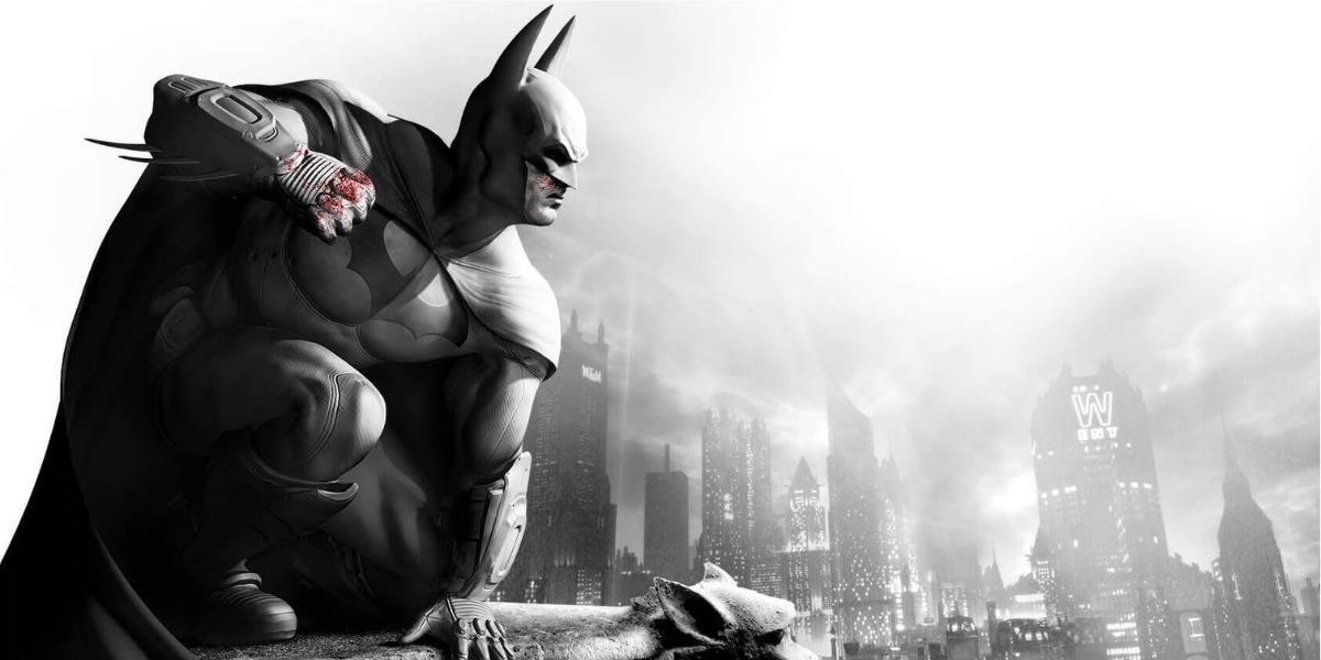 Batman perched on a gargoyle overlooking Arkham City.