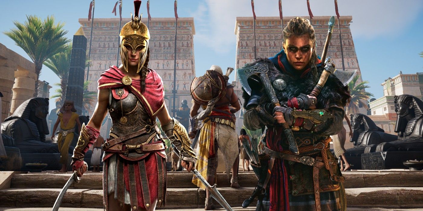 The two main characters from AC Odyssey and AC Valhalla next to each other over an image of AC Origins