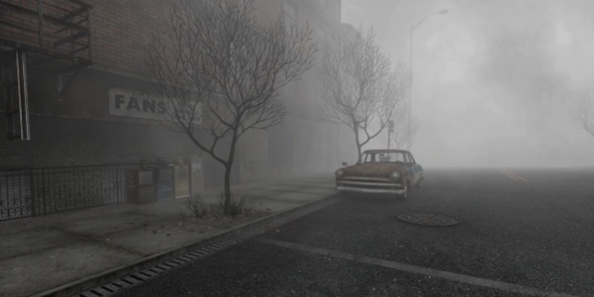 A foggy street in Silent Hill.