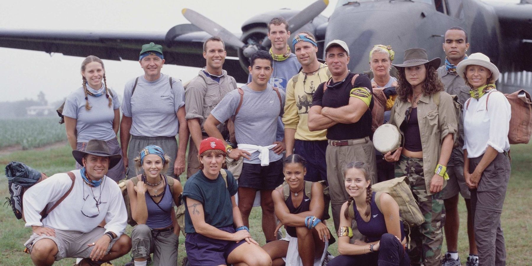 The cast of Australian Outback around a plane