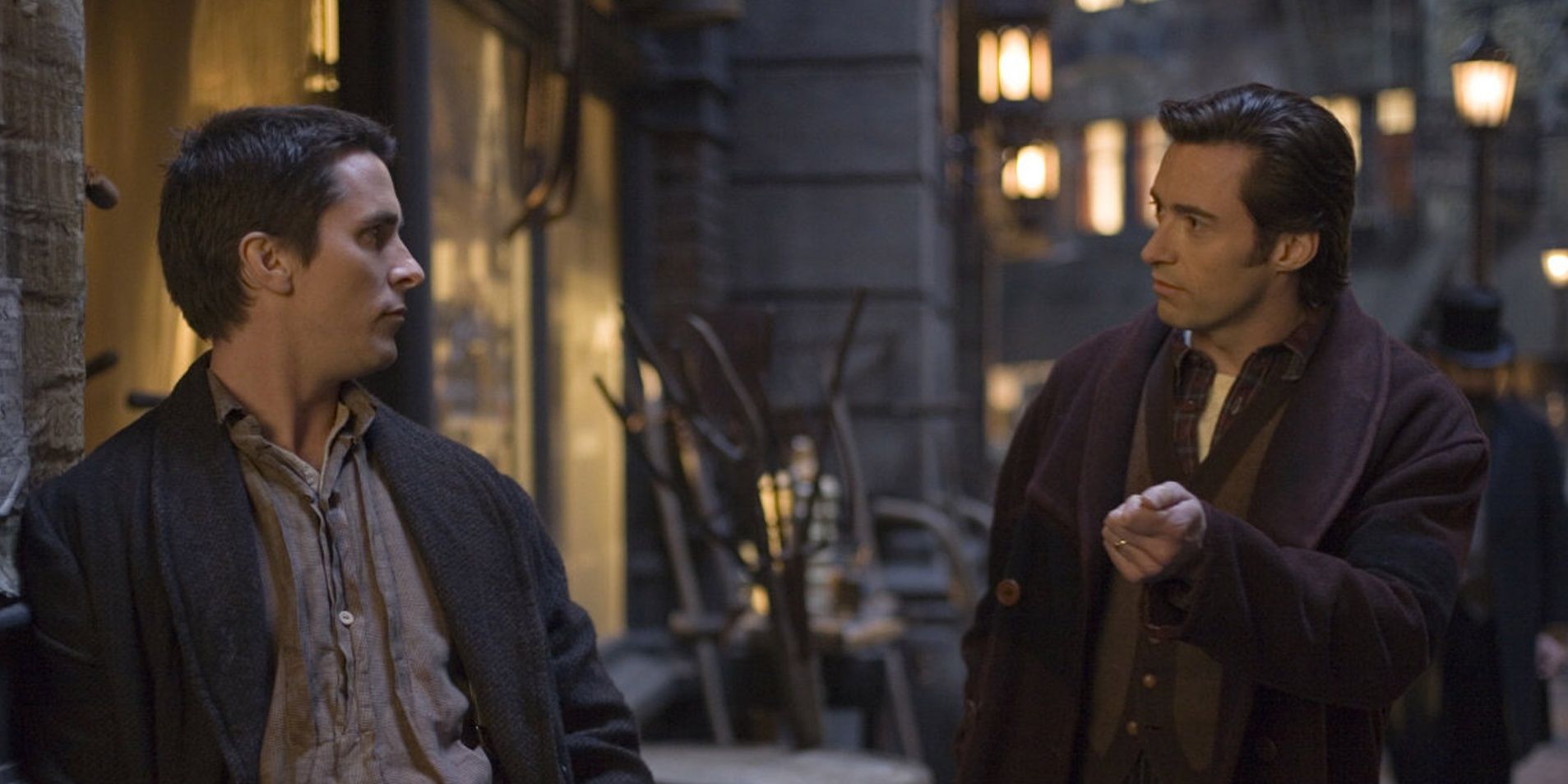 Borden and Angier talking on the street in The Prestige