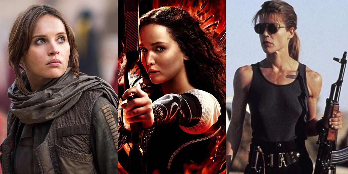 3 Split Photo - JenErso looks Behind her, Katniss Everdeen draws her bow in front of red flames, Sarah Connor holding an Ak-47 with sunglasses on.