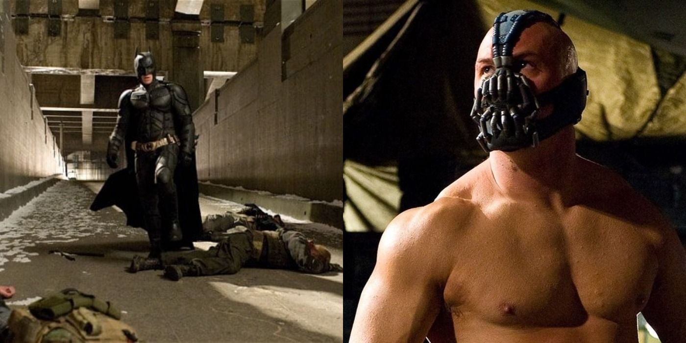 A split image of a batman, and the other of a shirtless Bane and