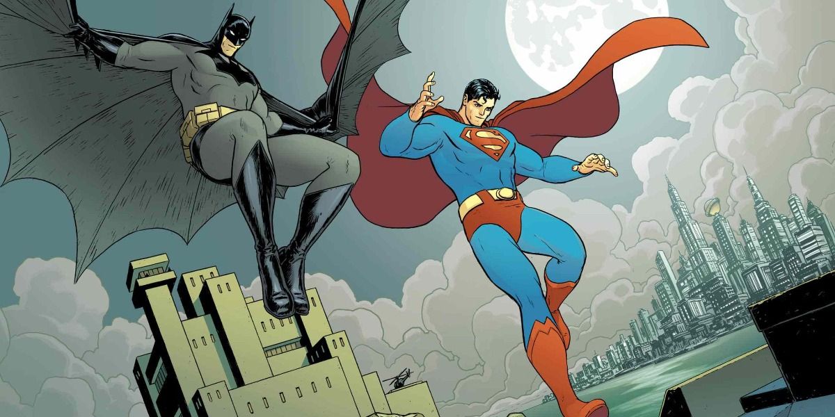 Batman and Superman descend from the heavens.