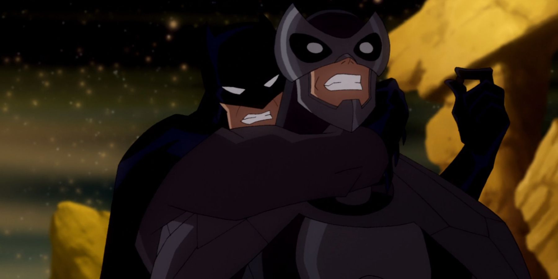 Batman fighting Owlman on Earth-Prime in Justice League: Crisis On Two Earths