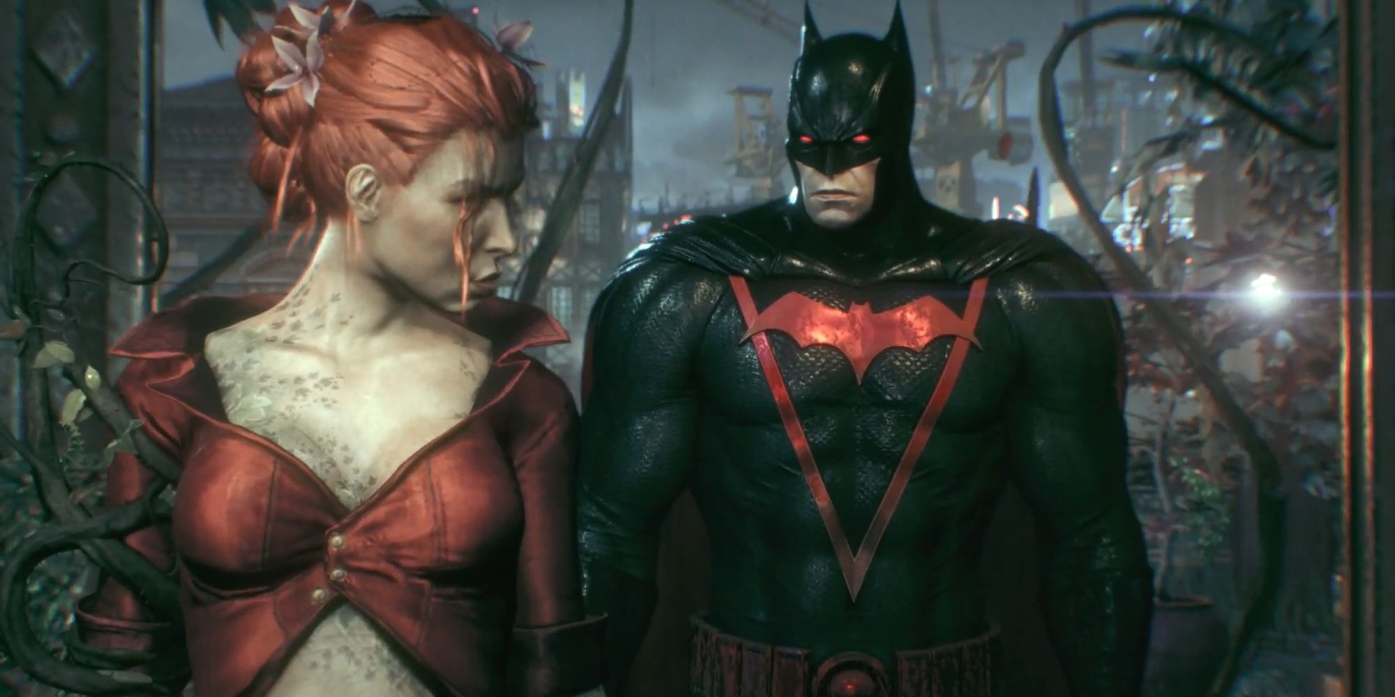 Batman in the Earth-2 skin talking to Poison Ivy in Batman Arkham Knight