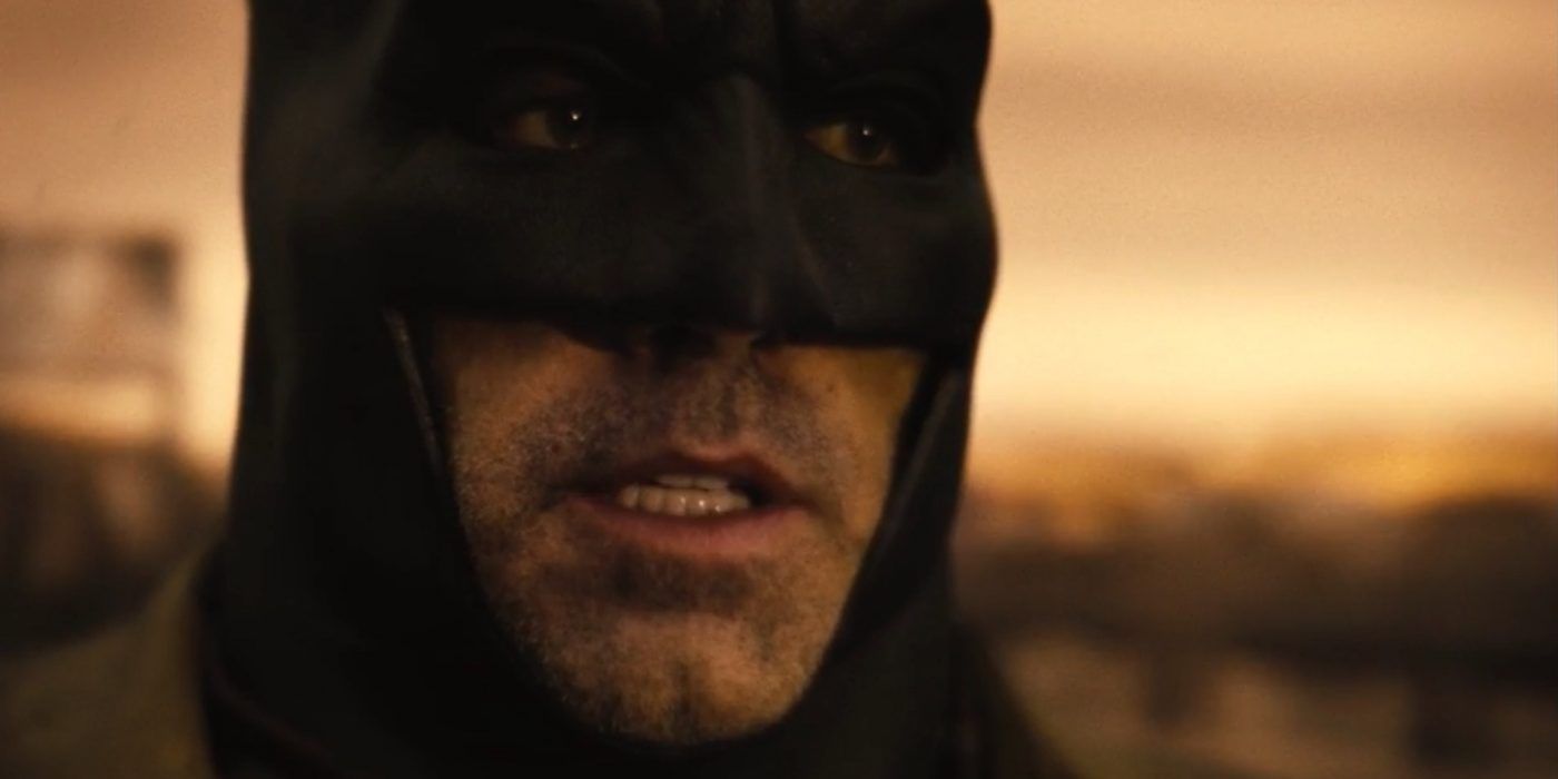A close-up of Batman in the Knightmare epilogue of ZSJL