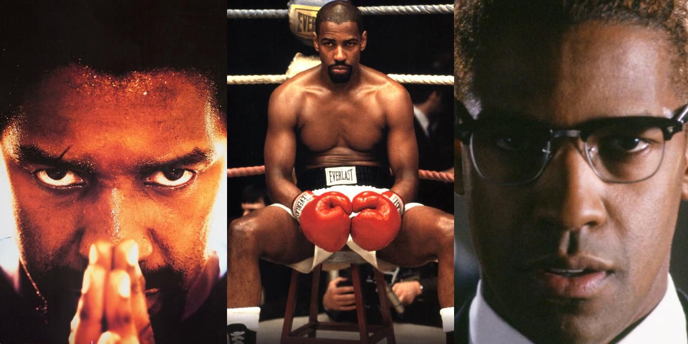 Images of Denzel Washington from He Got Game, The Hurricane, and Malcolm X