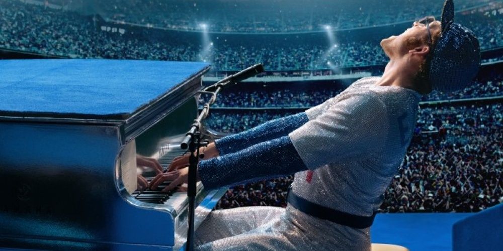 Elton John plays the piano in a Dodgers uniform in Rocketman