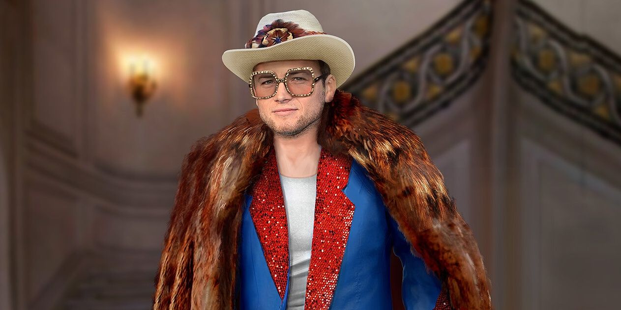 Elton John with a hat and fur coat in Rocketman